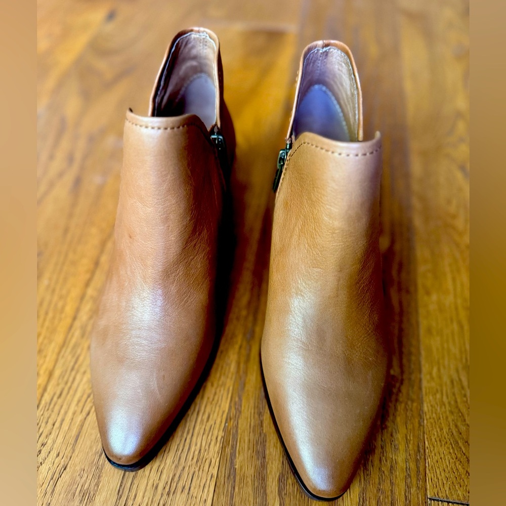 Frye leather booties; Womens Ella Western Stacked Heel Slip On Ankle Tan Brown